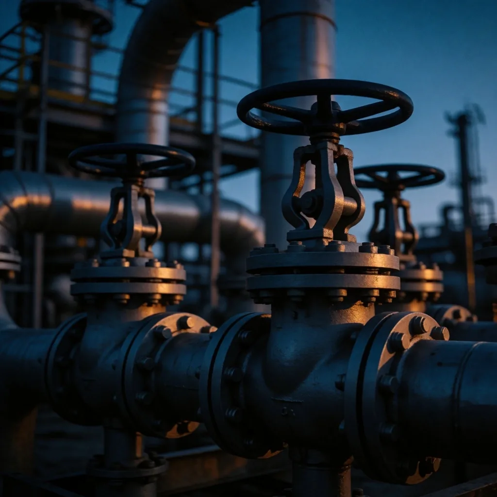 Refinería industrial con tuberías metálicas bajo luz tenue