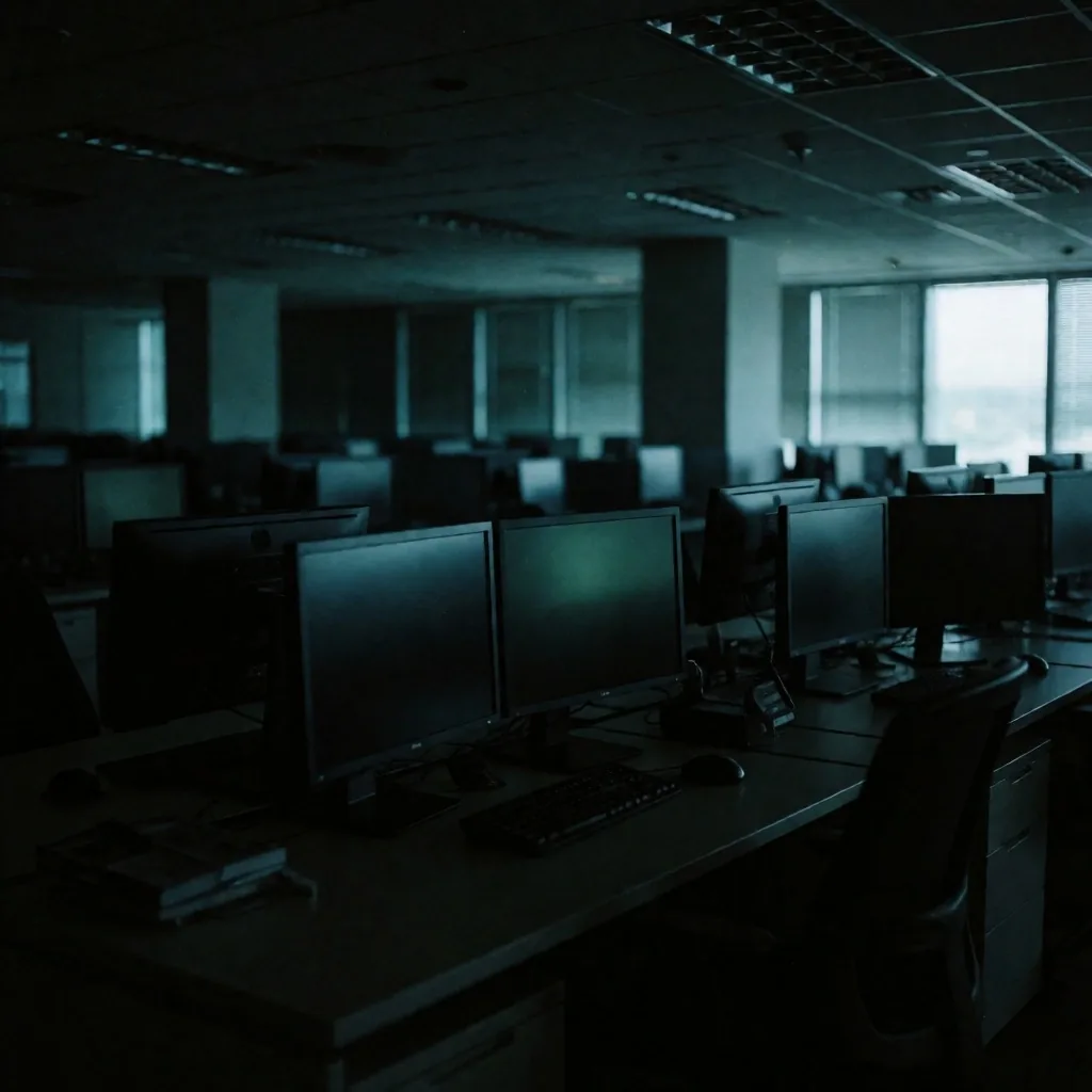 Sala de operaciones bursátiles vacía con monitores apagados