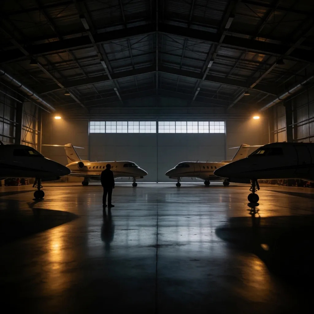 Interior de hangar industrial nocturno con luces ámbar de trabajo