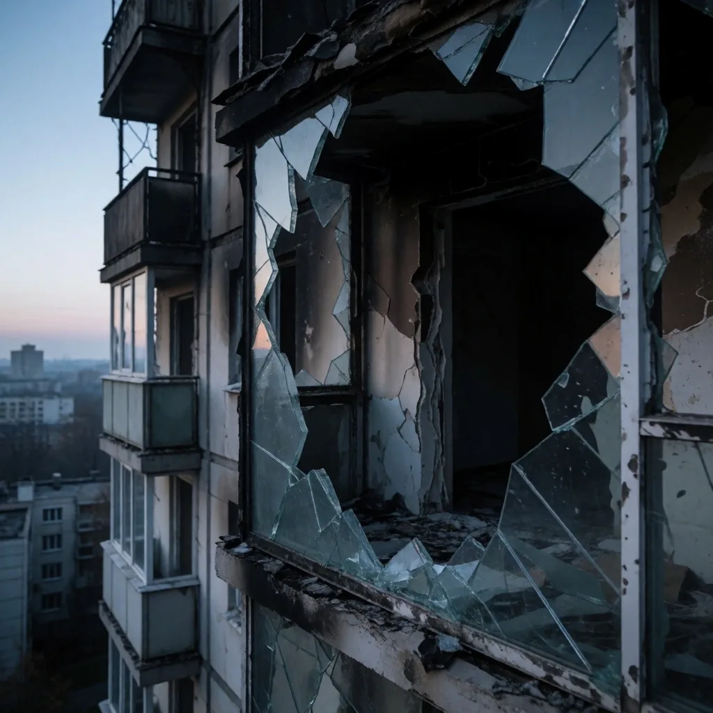 Fachada dañada de edificio residencial en Kyiv al amanecer