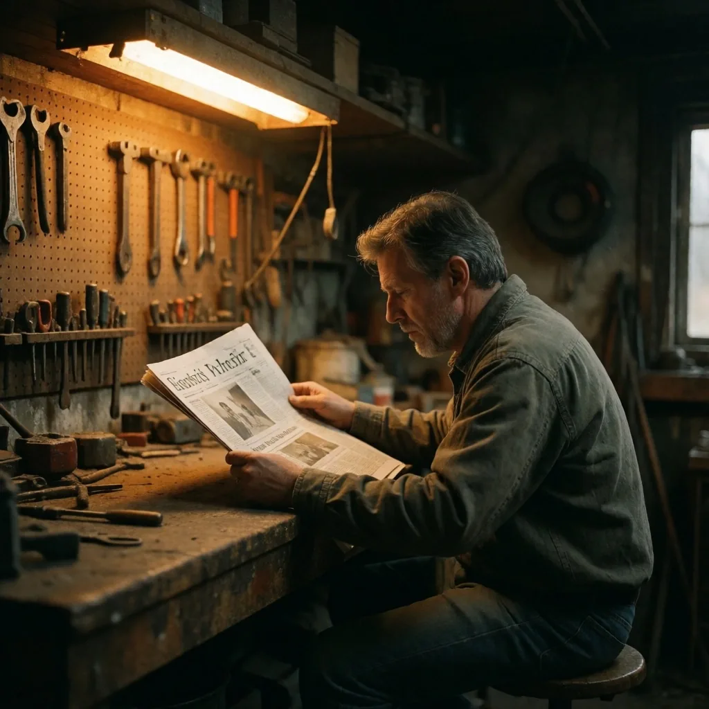 Hombre maduro leyendo en taller nocturno