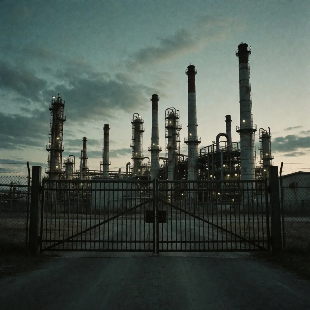 Planta industrial cerrada al anochecer