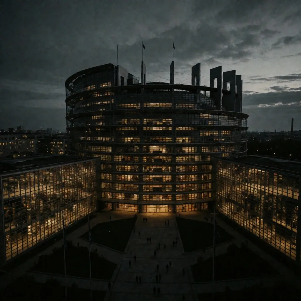 Edificio institucional europeo al anochecer