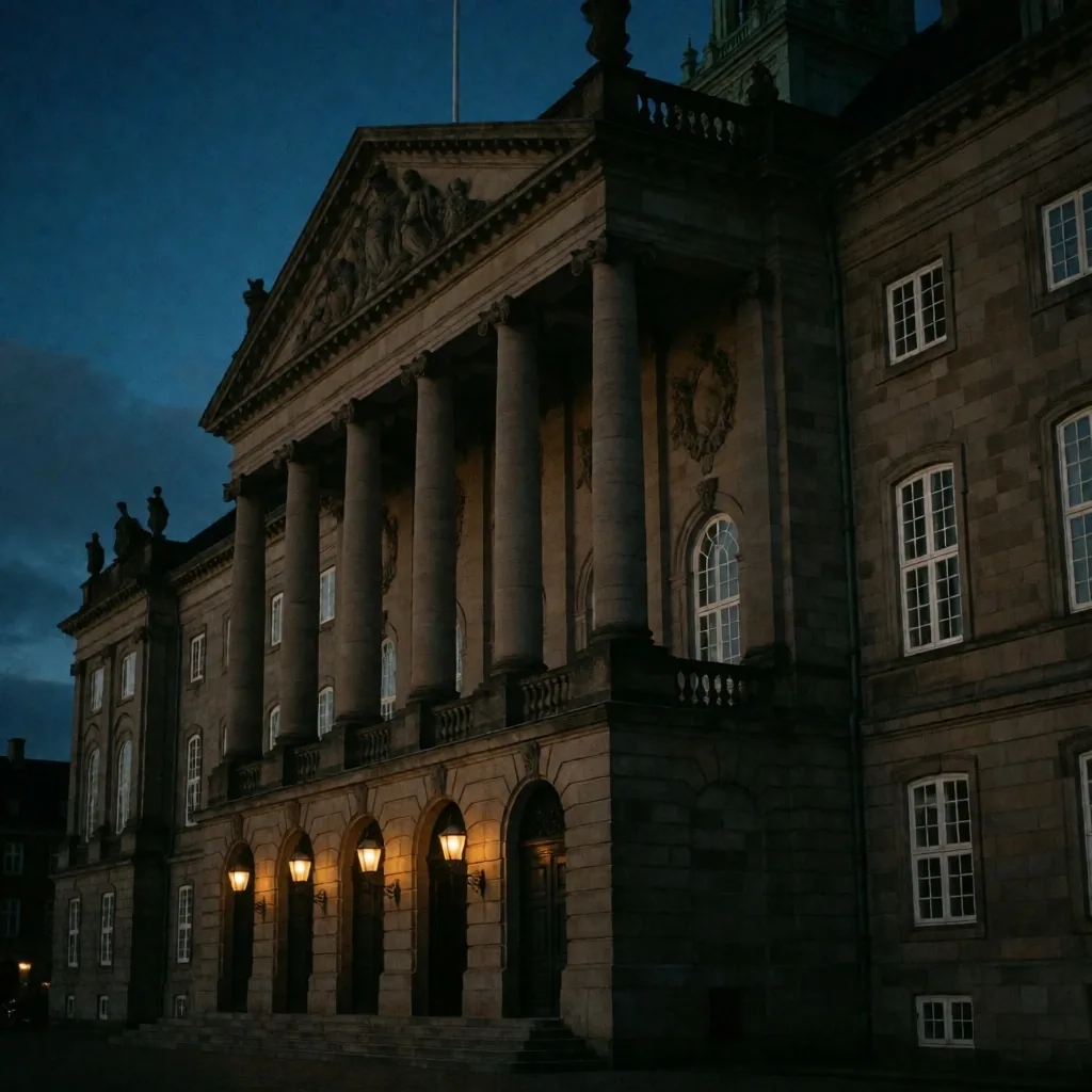 Fachada de edificio gubernamental en Copenhague de noche