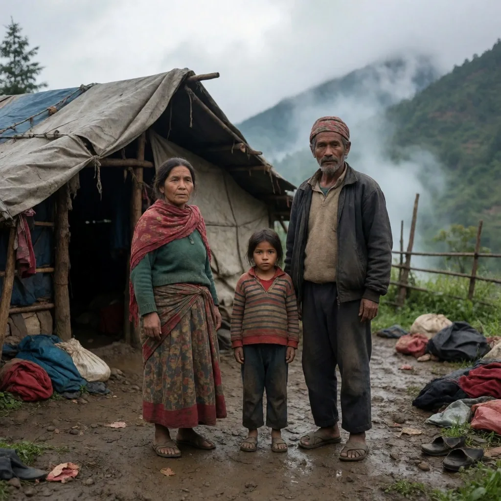 Familia desplazada tras inundaciones en Nepal