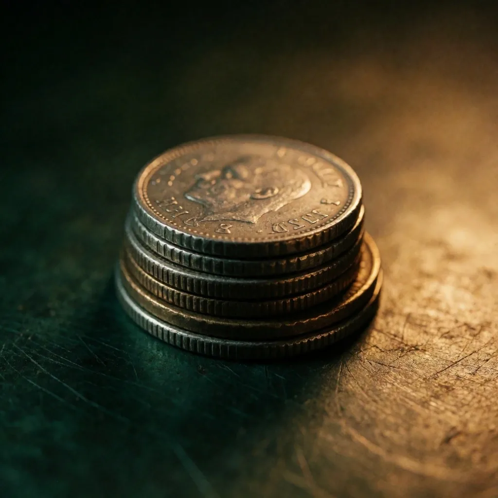 Monedas de distintas divisas apiladas sobre superficie de zinc
