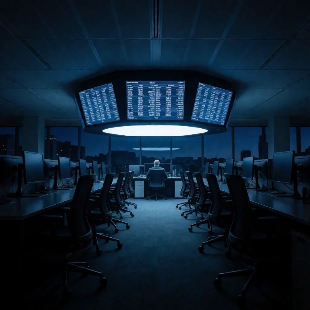 Sala de operaciones financieras antes del amanecer
