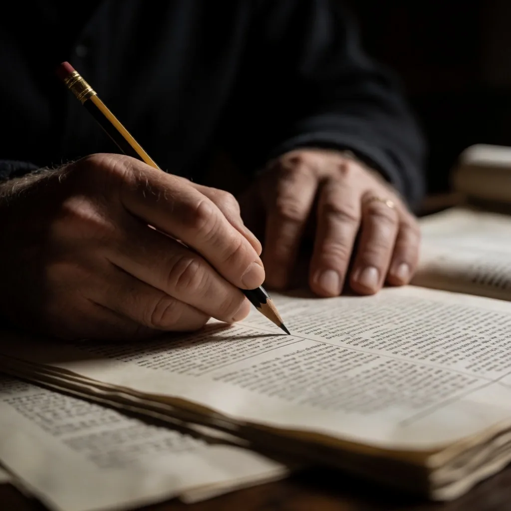 Cuaderno abierto con correcciones editoriales sobre un escritorio