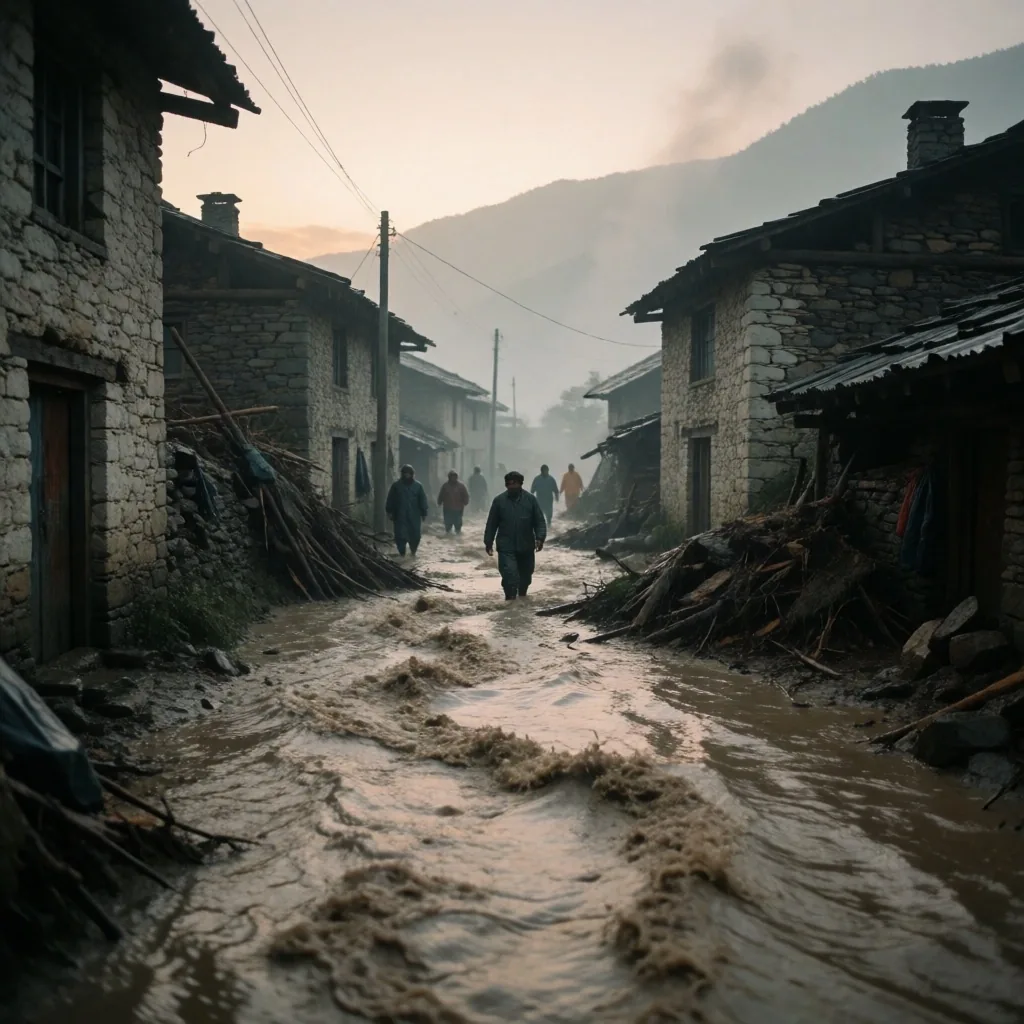 Calle inundada en un pueblo montañoso de Asia del Sur al amanecer