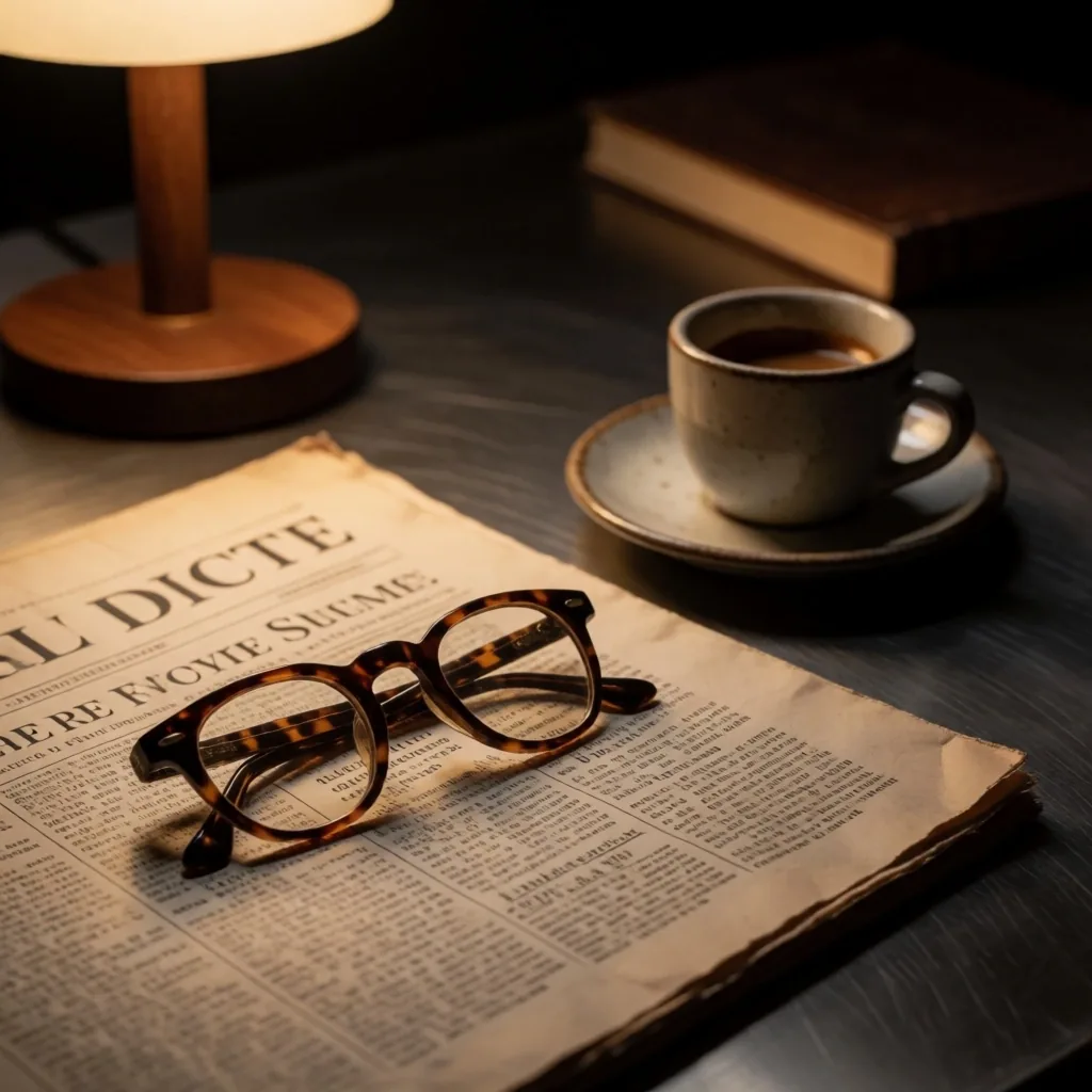 Periódico financiero sobre escritorio metálico con luz cálida