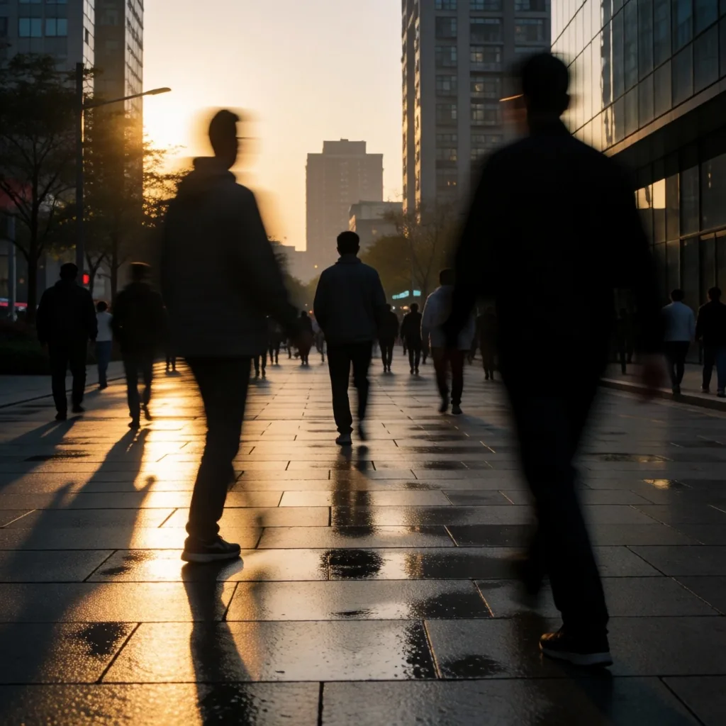 Personas caminando en una plaza pública al anochecer con luz tenue