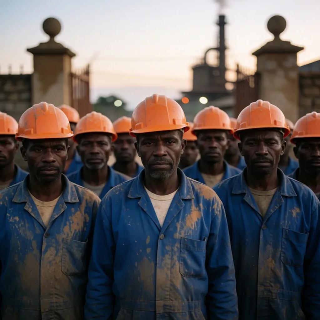 Trabajadores industriales kenianos al finalizar su turno en una planta de extracción