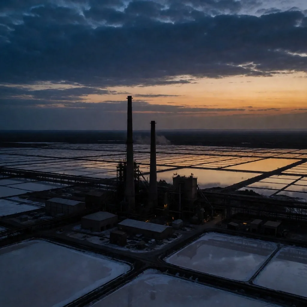 Vista aérea de las instalaciones industriales de soda ash en Kenya al anochecer