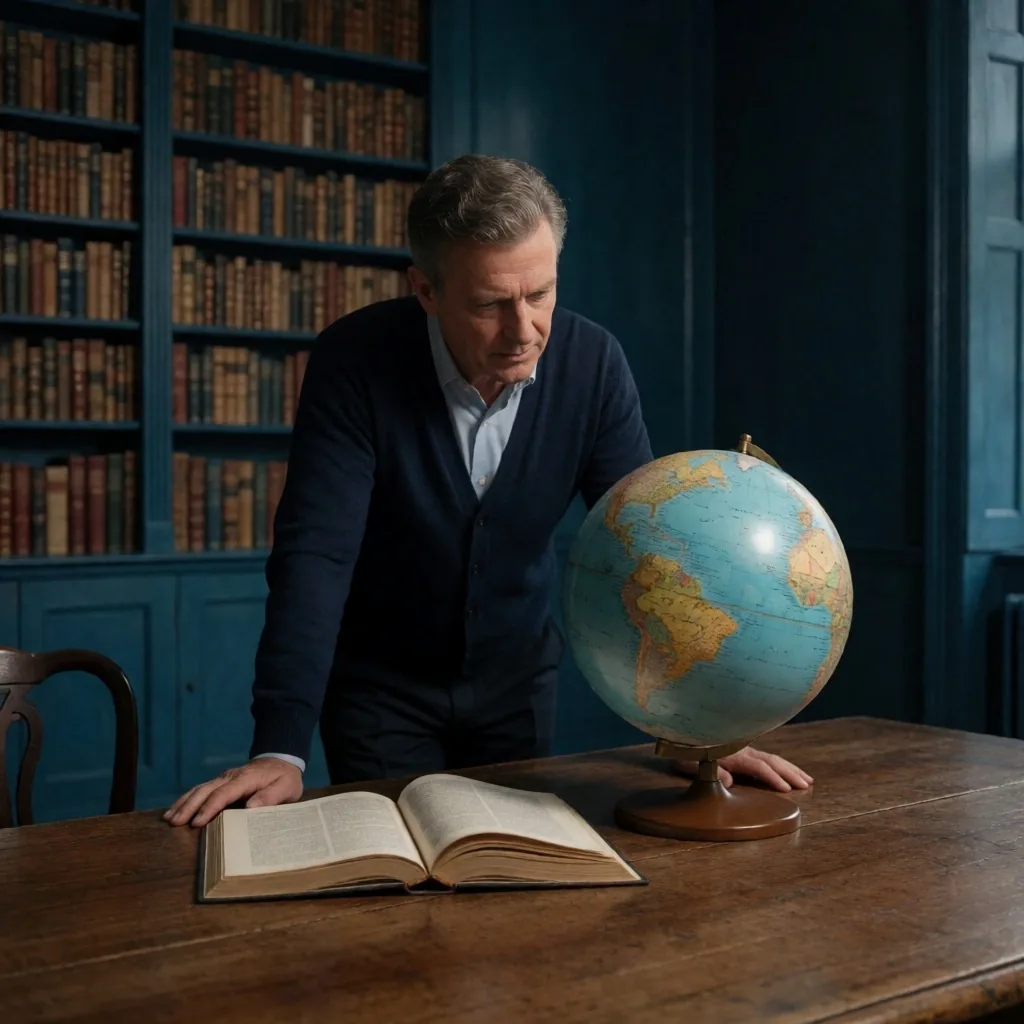 Globo terráqueo y libros de geografía sobre un escritorio con luz tenue