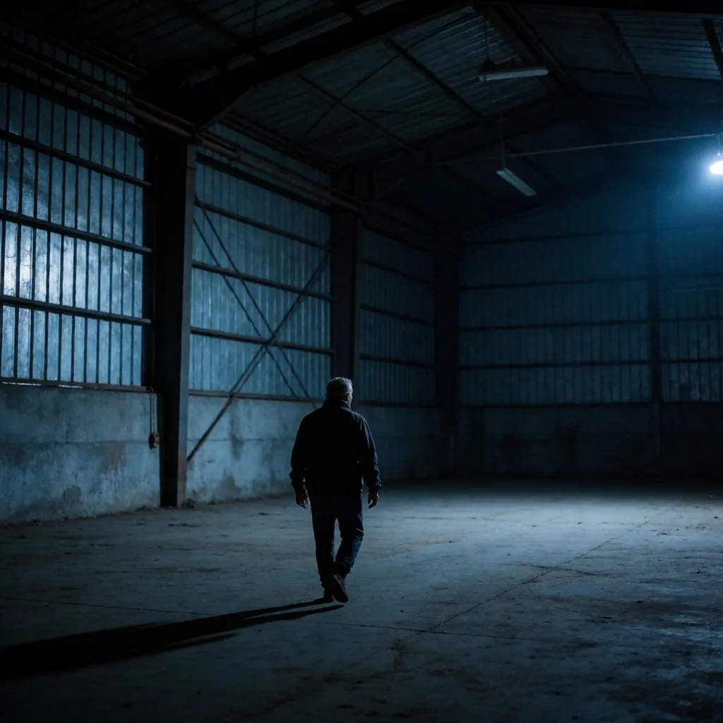 Interior nocturno de almacén industrial