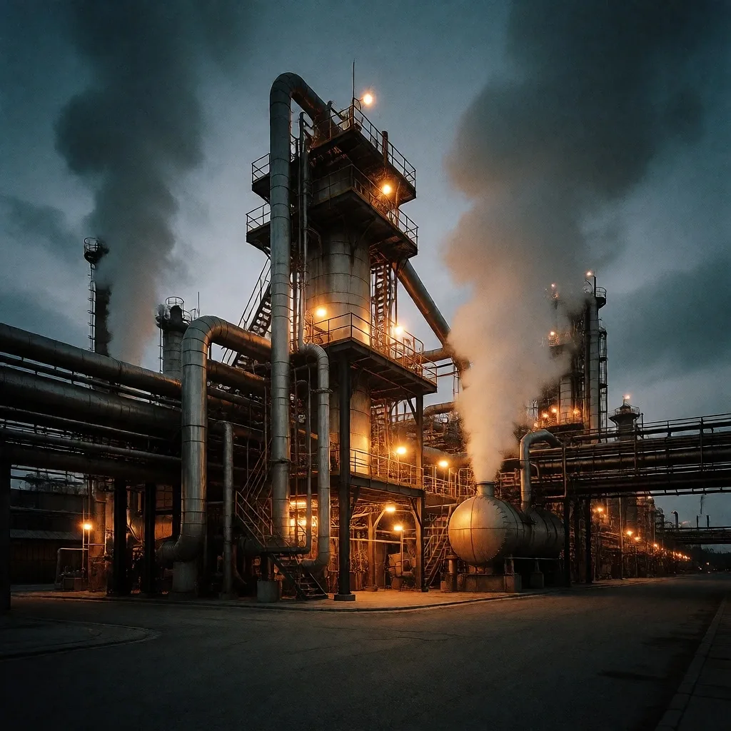 Instalación industrial química al atardecer