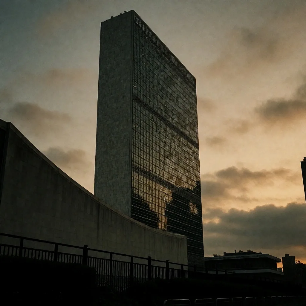 Edificio de la sede de Naciones Unidas al anochecer