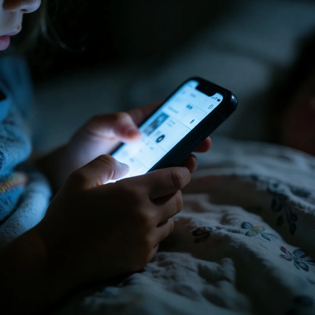Manos de un niño sosteniendo un teléfono móvil en una habitación en penumbra