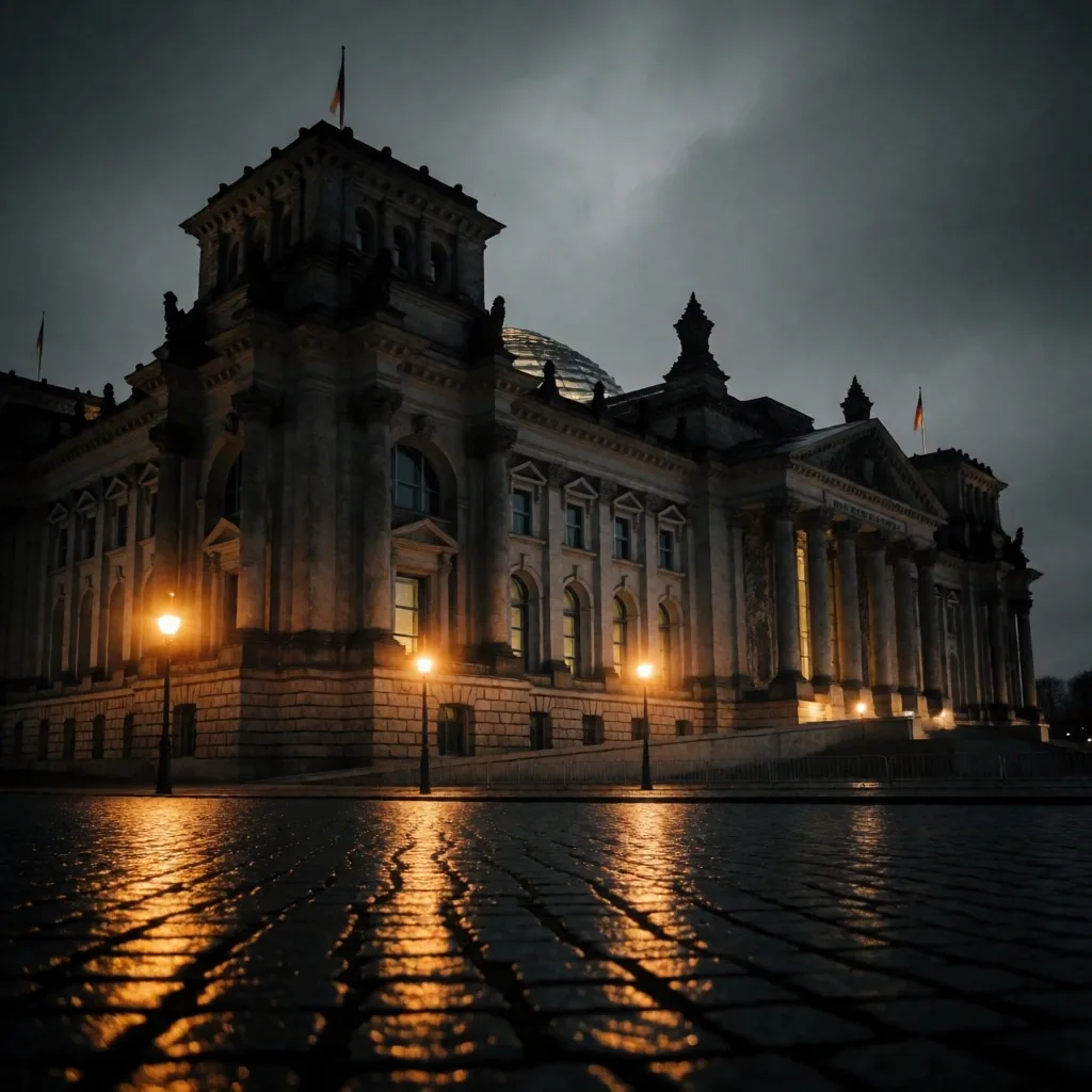 Fachada del Reichstag en Berlín bajo cielo nocturno con luz ámbar