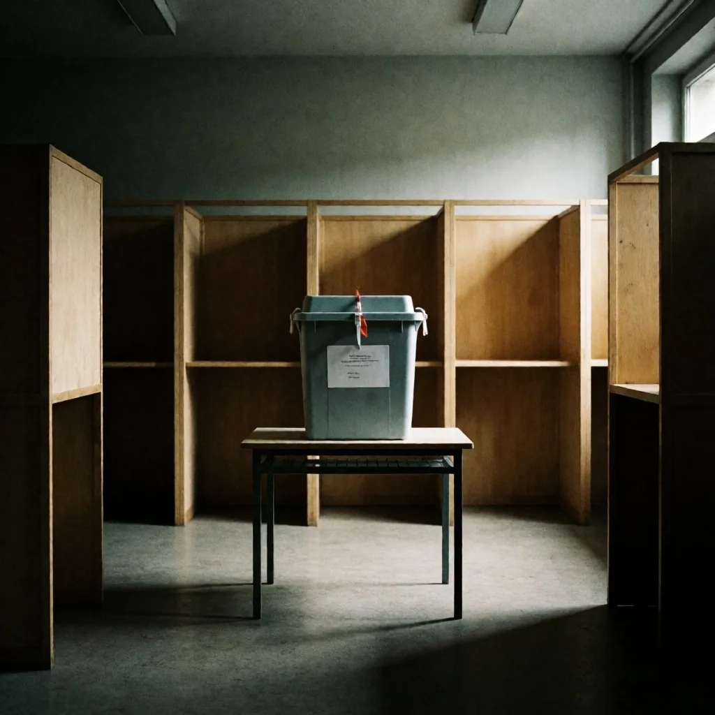 Interior de un colegio electoral en Alemania con cabinas de votación iluminadas tenuemente